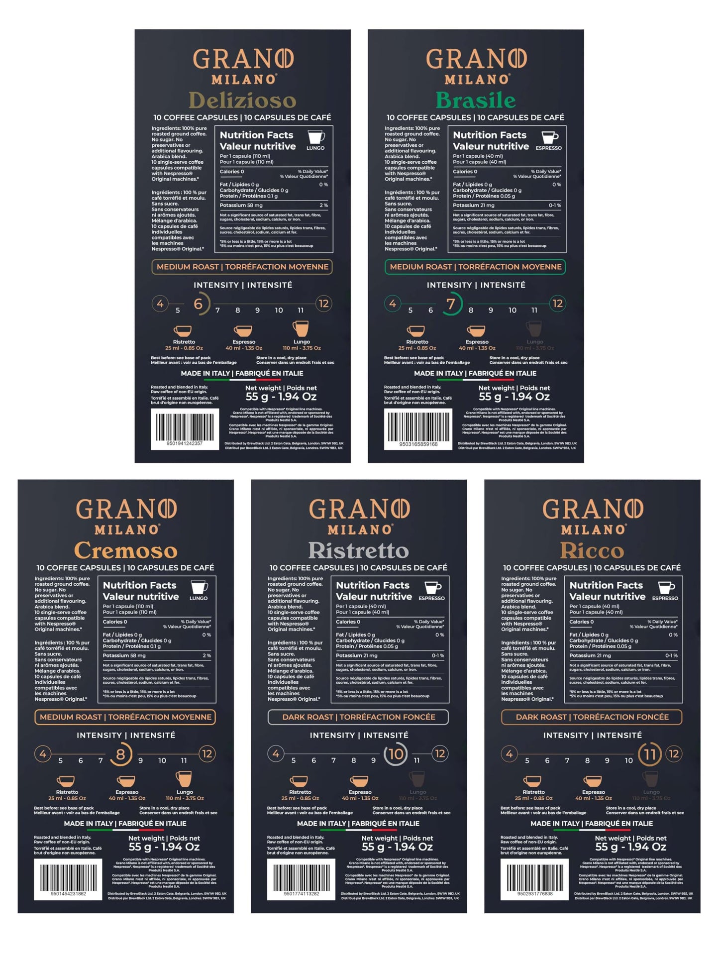Grano Milano Variety Pack Coffee Capsules - 50 Aluminum Pods for Nespresso Original Line Machines, Medium & Dark Roast Blend, Italian Made