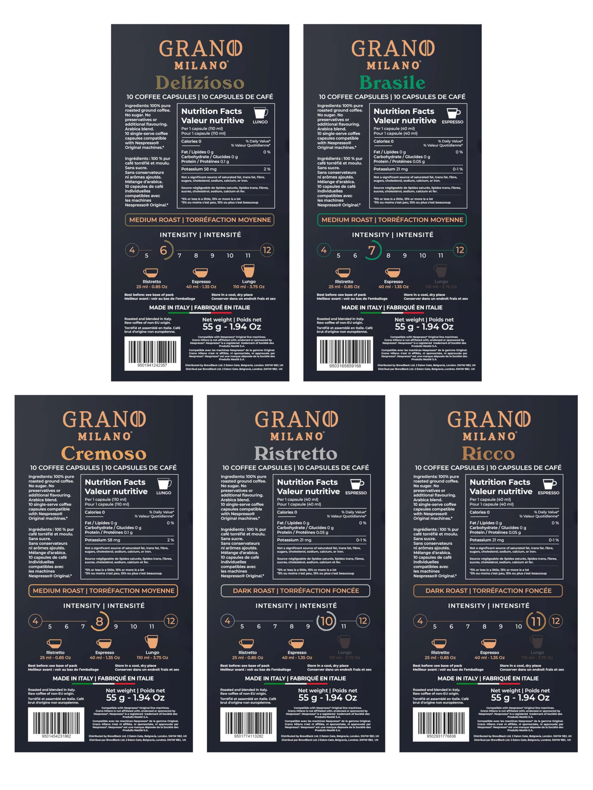 Grano Milano Variety Pack Coffee Capsules - 50 Aluminum Pods for Nespresso Original Line Machines, Medium & Dark Roast Blend, Italian Made