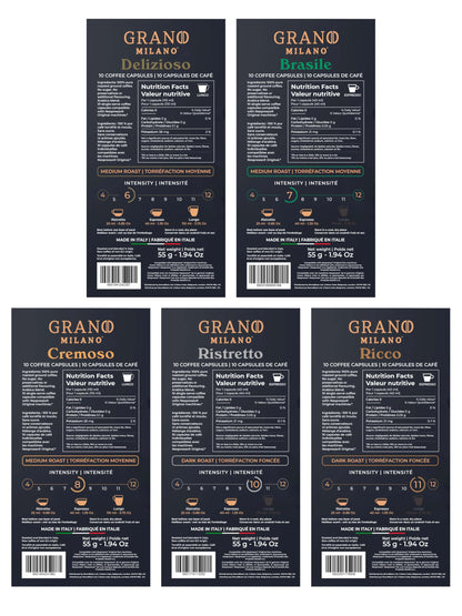 Grano Milano Variety Pack Coffee Capsules - 50 Aluminum Pods for Nespresso Original Line Machines, Medium & Dark Roast Blend, Italian Made