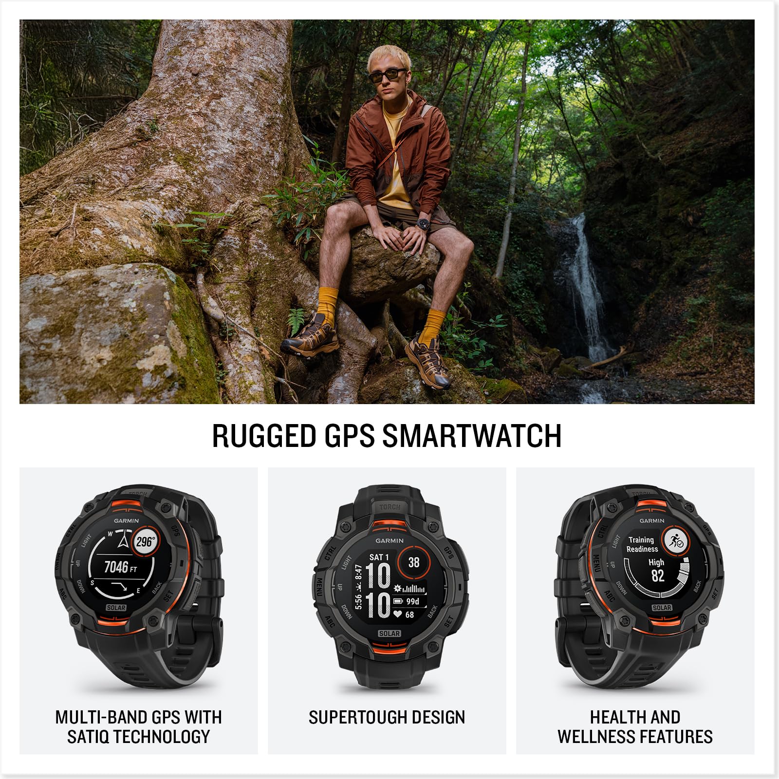Garmin Instinct® 3 45mm, Solar Charged Display, Rugged Outdoor GPS Smartwatch, Metal-Reinforced Bezel, Built-in Flashlight, Black Garmin