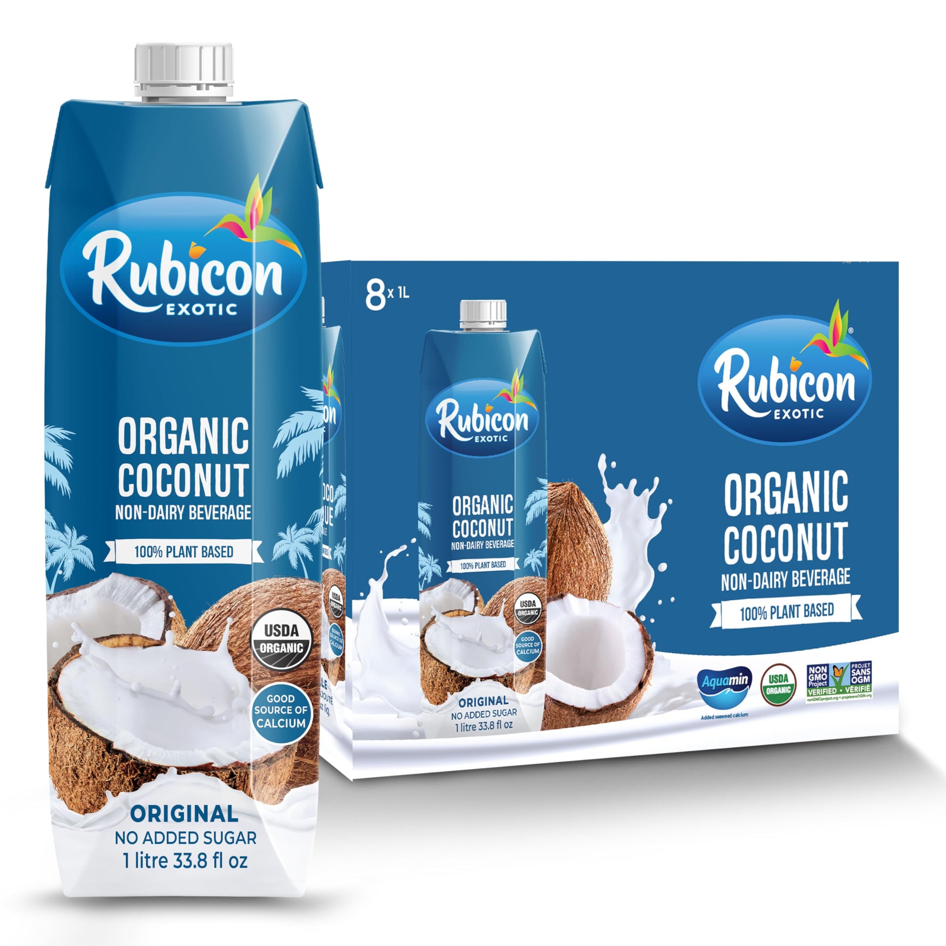 Rubicon Organic Coconut Plant-Based Milk | 1L Cartons | Calcium-Fortified | No Added Sugar | Vegan & Vegetarian | Pack of 8
