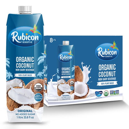 Rubicon Organic Coconut Plant-Based Milk | 1L Cartons | Calcium-Fortified | No Added Sugar | Vegan & Vegetarian | Pack of 8