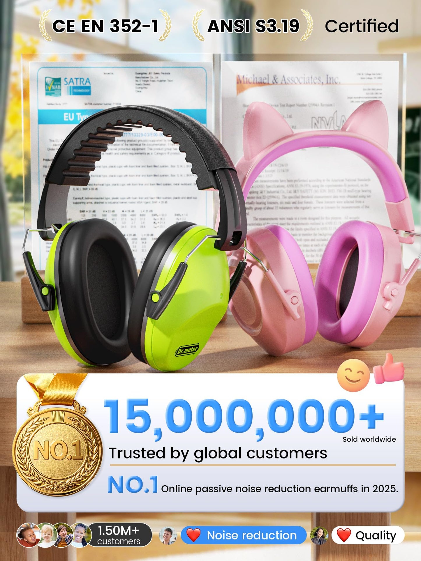 2 Pack Noise Cancelling Headphones for Kids: Dr.meter Kids Ear Protection Earmuffs for Autism Sensory - Hearing Protection Earmuffs for Monster Truck Concerts Study and Fireworks - (green+pink)