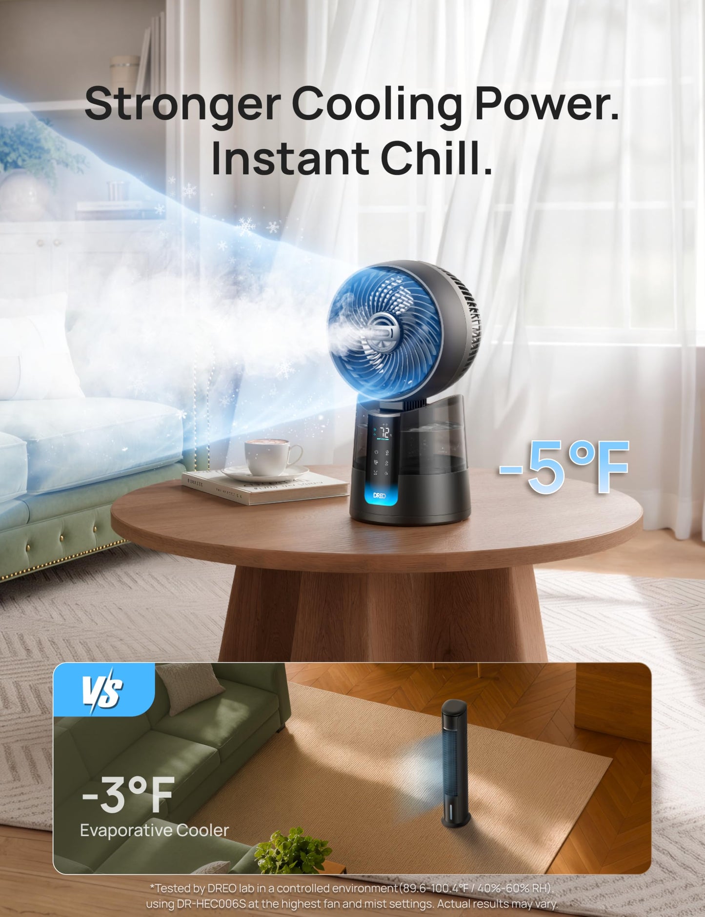 DREO TurboCool Misting Fan 516S, 150°+30°Omni-directional Oscillating Cooling Desk Fans that Blow Cold Air, 26 ft/s,Evaporative Air Cooler, 20dB, 6 Speeds 2 Modes, Remote & APP, RGB, Indoor, Grey - Available at All In One Marketplace Canada