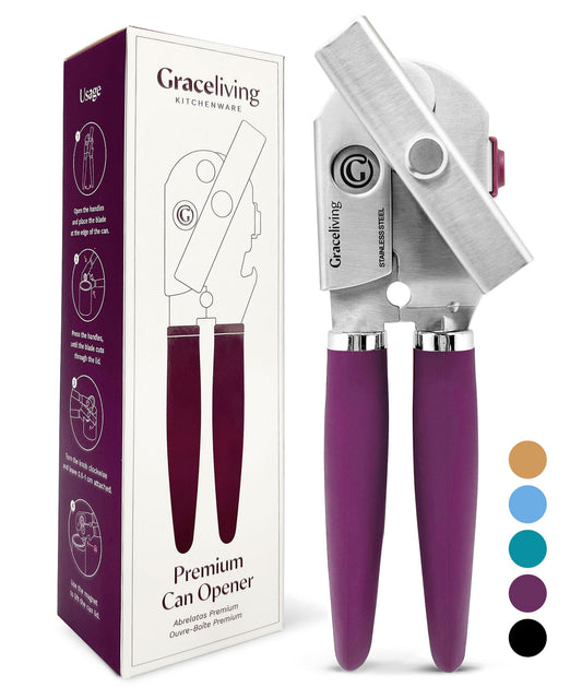 Graceliving Premium Multifunction Magnetic Manual Can Opener and Bottle Opener, Heavy Duty Stainless Steel Sharp Cutting Blade and Oversized Easy Turn Knob, Soft-Touch Handle, Kitchen Use, Mauve - Available at All In One Marketplace Canada