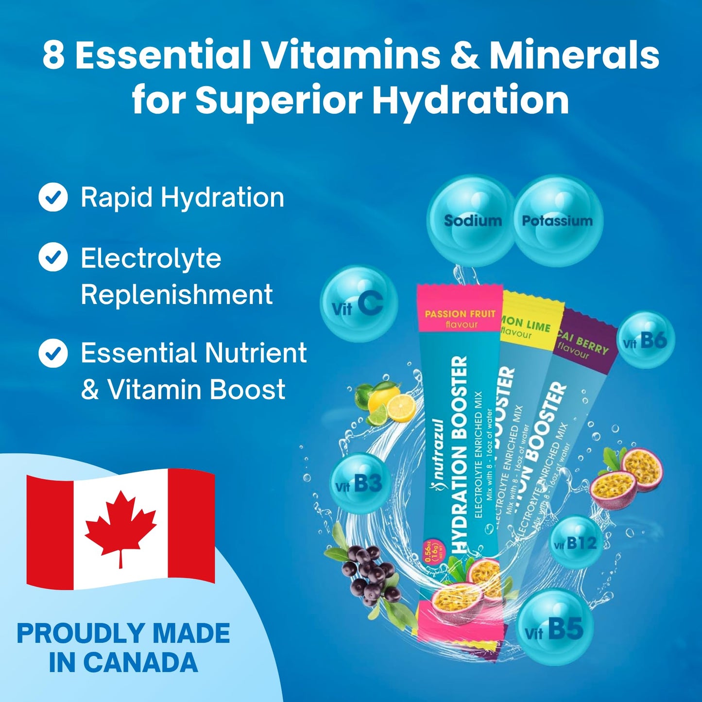 Nutrazul Hydration Booster, Electrolytes Powder Sticks with Sodium, Potassium, Vitamin B6 & B12, No Artificial Sweeteners, Acai Berry, Lemon Lime, Passion Fruit Flavour, 30 Sticks - Available at All In One Marketplace Canada