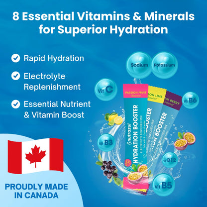 Nutrazul Hydration Booster, Electrolytes Powder Sticks with Sodium, Potassium, Vitamin B6 & B12, No Artificial Sweeteners, Acai Berry, Lemon Lime, Passion Fruit Flavour, 30 Sticks - Available at All In One Marketplace Canada