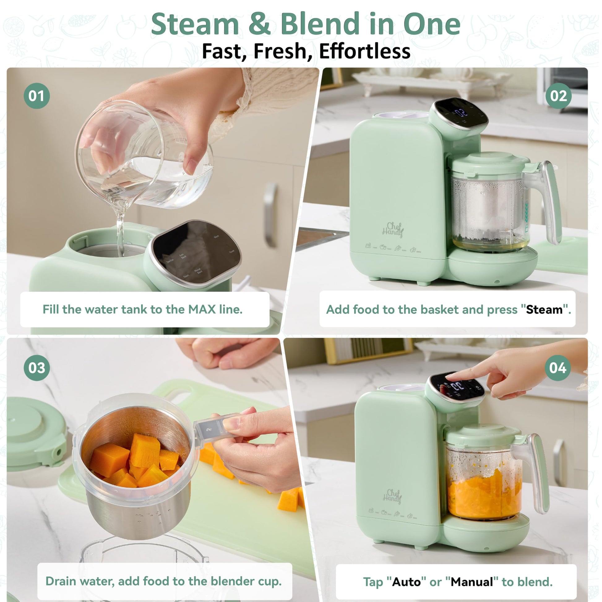 Chefhandy Baby Food Maker with Stainless Steel Steam Basket, 5-in-1 Baby Food Processor, Steamer & Blender, Auto Cooking, Pureeing, Reheating & Steam Cleaning, BPA-Free, 6 Reusable Pouches, Green