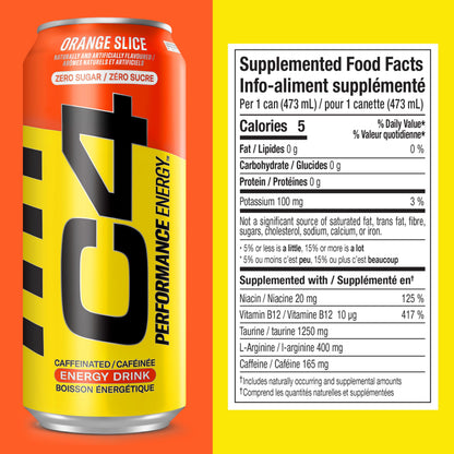 Cellucor C4 Performance Energy Drink, Orange Slice, Carbonated Sugar Free Drink with no Artificial Colours or Dyes, 473mL, 12 count