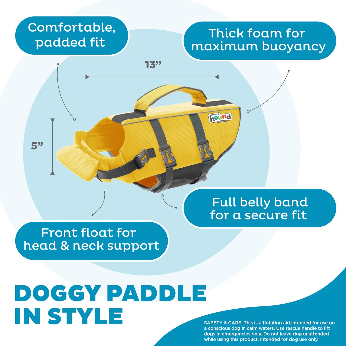 Outward Hound Granby Splash Dog Life Jacket with Handle, Reflective Floating Vest for Swimming & Boating, Maximum Buoyancy, All Skill Levels, Small Dogs & Puppies (16–20" Girth), Yellow, Small
