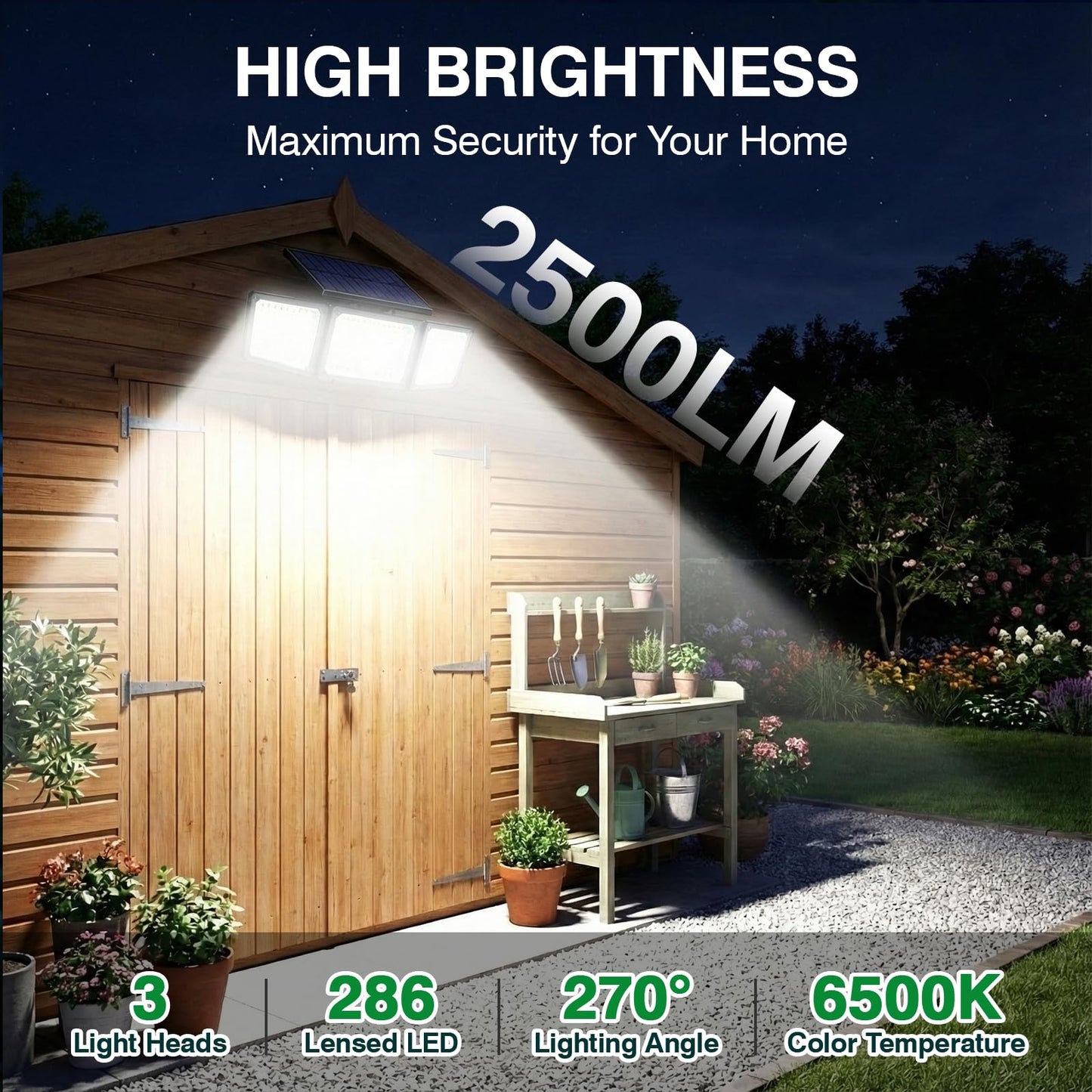Solar Motion Sensor Light Outdoor, 2500LM 286 LED Solar Outdoor Lights with Power Display & Mode Indicators - 6500K Adjustable 3-Head Flood Light, IP65 Waterproof for Garden, Garage, Yard - 2 Pack - Available at All In One Marketplace Canada