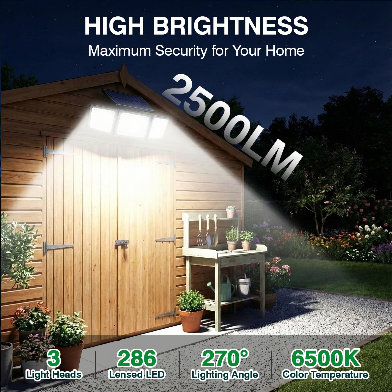 Solar Motion Sensor Light Outdoor, 2500LM 286 LED Solar Outdoor Lights with Power Display & Mode Indicators - 6500K Adjustable 3-Head Flood Light, IP65 Waterproof for Garden, Garage, Yard - 2 Pack - Available at All In One Marketplace Canada
