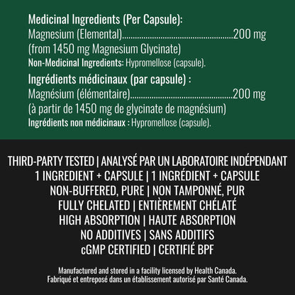 Magnesium Glycinate 200 mg Capsules (Elemental) from Non-Buffered Fully Chelated 100% Magnesium Bisglycinate - 62 Max-Capacity High-Absorption Capsules - Made in Canada - Nutritionn - Available at All In One Marketplace Canada