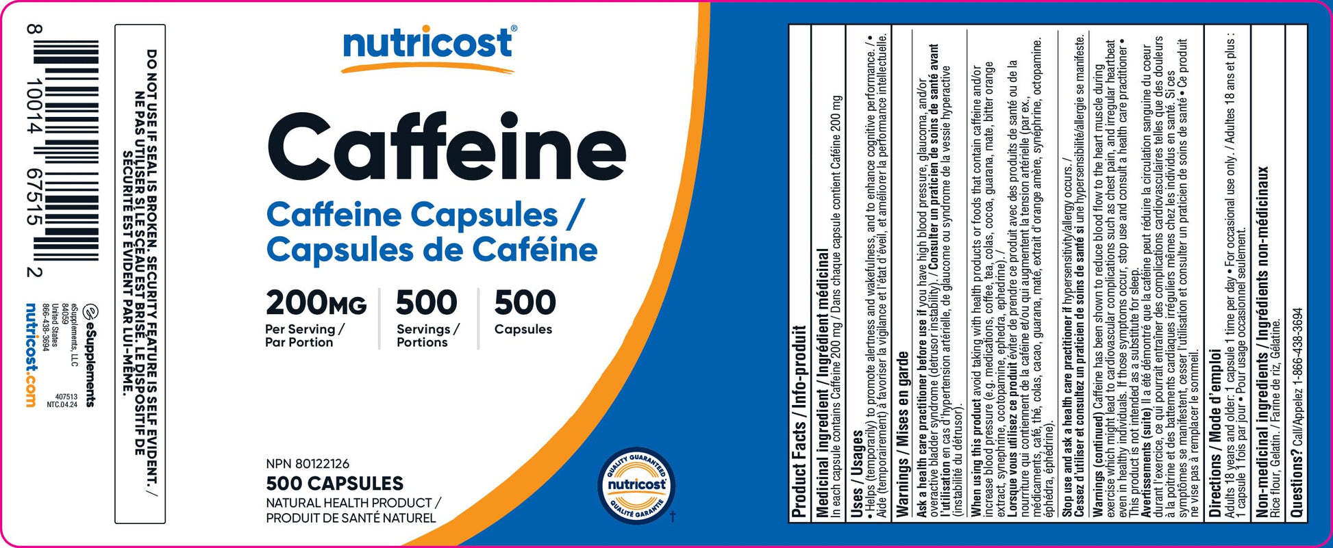 Nutricost Caffeine Pills (200mg) 500 Capsules - Available at All In One Marketplace Canada