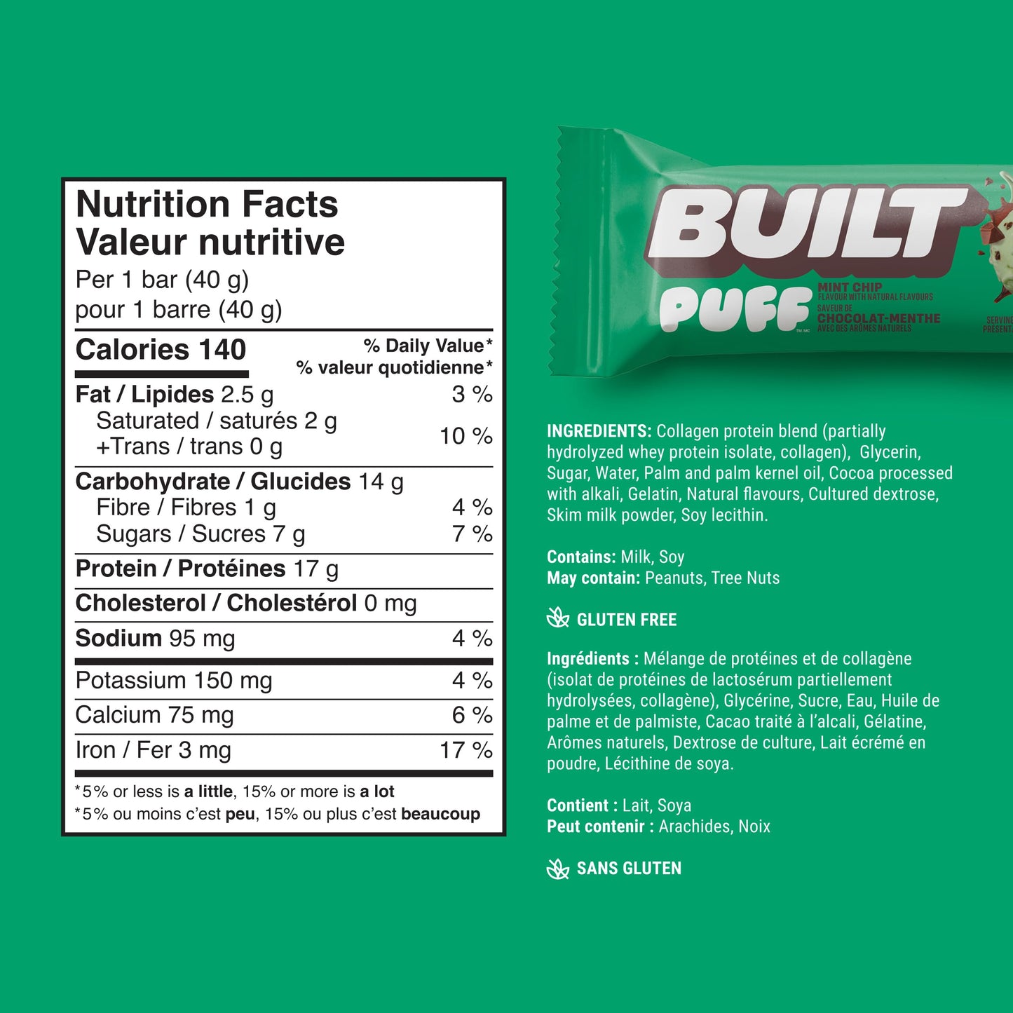 BUILT Puff Protein Bars, Mint Chip, 17g Protein - 12 Count 🍁 All In One Marketplace Canada
