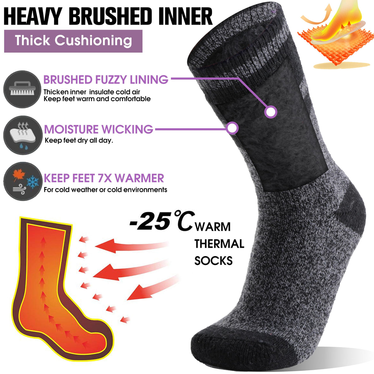 MOGGEI Heated Thermal Socks for Men Women Winter Warm Thick Insulated Ski Crew Socks Gift Stocking Stuffers for Women 3 Pairs(Purple/Black/Light Grey,M) 🍁 All In One Marketplace Canada
