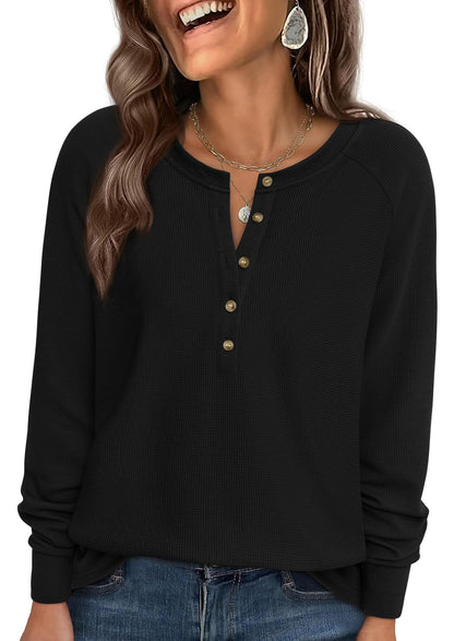 PRETTYGARDEN Women Long Sleeve Waffle Knit Shirt 2026 Spring Casual Button V Neck Loose Henley Tops Basic Tees Winter Clothes(Black,X-Large) 🍁 All In One Marketplace Canada