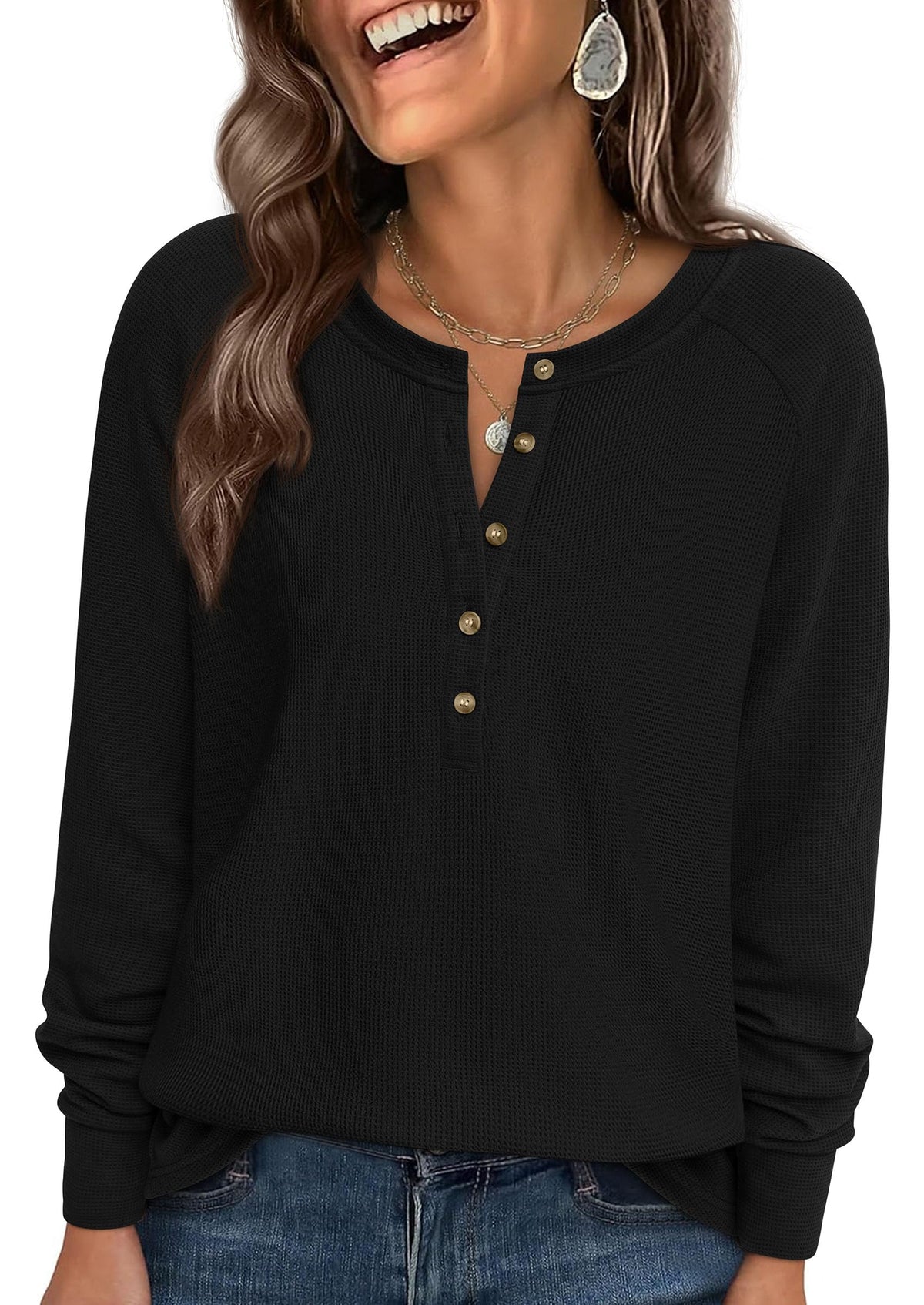 PRETTYGARDEN Women Long Sleeve Waffle Knit Shirt 2026 Spring Casual Button V Neck Loose Henley Tops Basic Tees Winter Clothes(Black,Large) 🍁 All In One Marketplace Canada