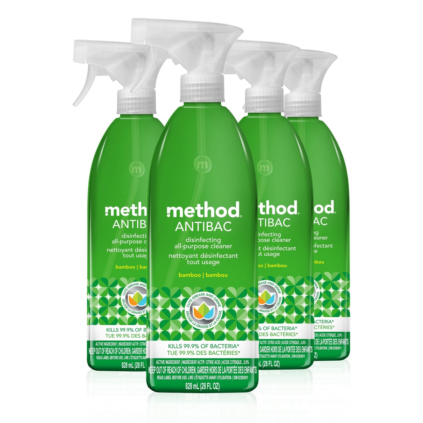 Method Antibacterial All-Purpose Cleaner Spray, Disinfectant Spray Perfect for Most Counters, Tiles, Stone, and Surfaces, Kitchen and Home Essentials, Bamboo Scent, 828 mL Spray Bottles, 4 Pack, Clear - Available at All In One Marketplace Canada