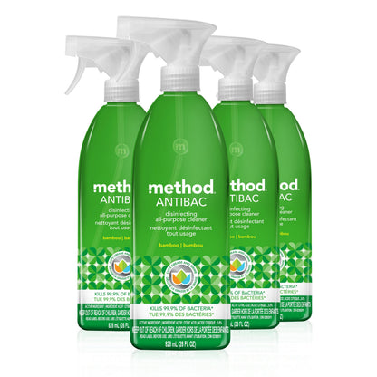 Method Antibacterial All-Purpose Cleaner Spray, Disinfectant Spray Perfect for Most Counters, Tiles, Stone, and Surfaces, Kitchen and Home Essentials, Bamboo Scent, 828 mL Spray Bottles, 4 Pack, Clear - Available at All In One Marketplace Canada