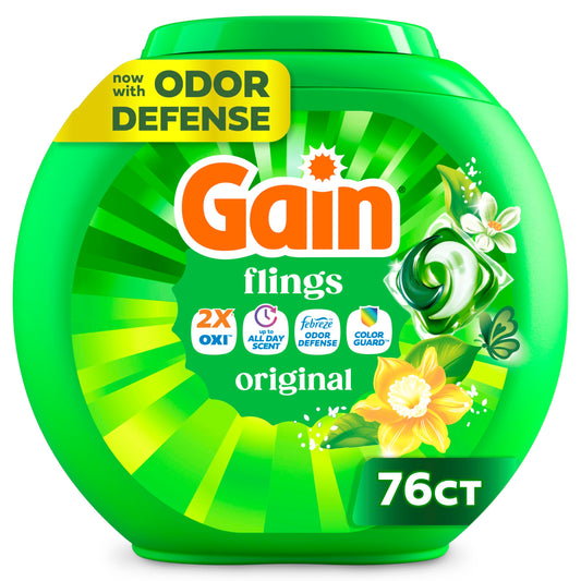 Gain Flings Laundry Detergent Pacs, 76 Count, Original Scent, with Odor Defense, concentrated laundry soap pacs - Available at All In One Marketplace Canada