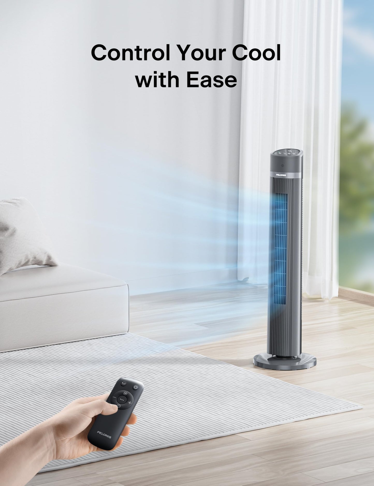 PELONIS Oscillating Tower Fan with Remote Control 40’’ Quiet Stand Up Fan with 3 Speed Settings and 3 Modes 15-Hour Timer LED Display for Bedroom Home Office Use, Black