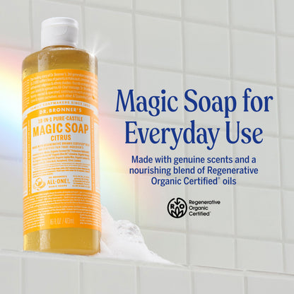 Dr. Bronner’s - Pure-Castile Liquid Soap (Citrus, 946 mL) - Made with Organic Oils, 18-in-1 Uses: Face, Body, Hair, Laundry, Pets and Dishes, Concentrated, Vegan, Non-GMO - Available at All In One Marketplace Canada