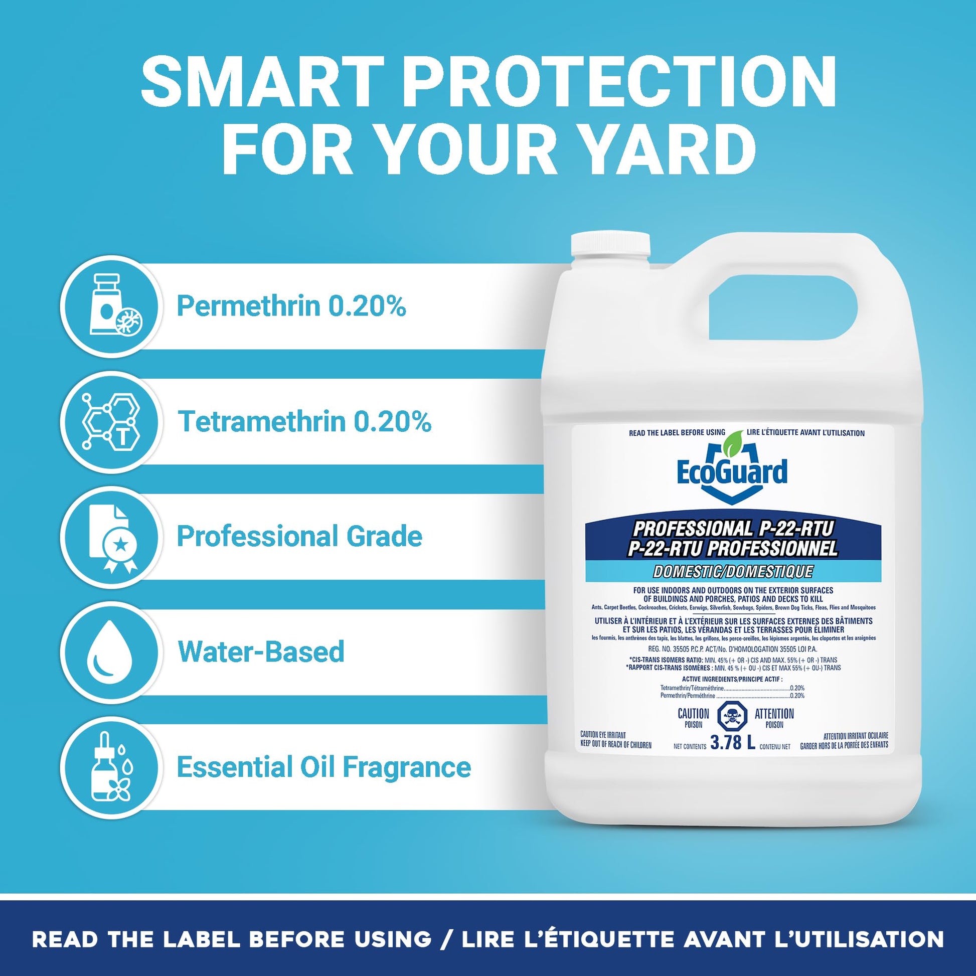 EcoGuard P-22-RTU Residual Insect Killer 3.78L with Sprayer Included, Ready-to-Use Indoor & Outdoor Pest Control for Ants, Cockroaches, Spiders, Fleas, Ticks, Flies & Mosquitoes (P-22-RTU+Sprayer)