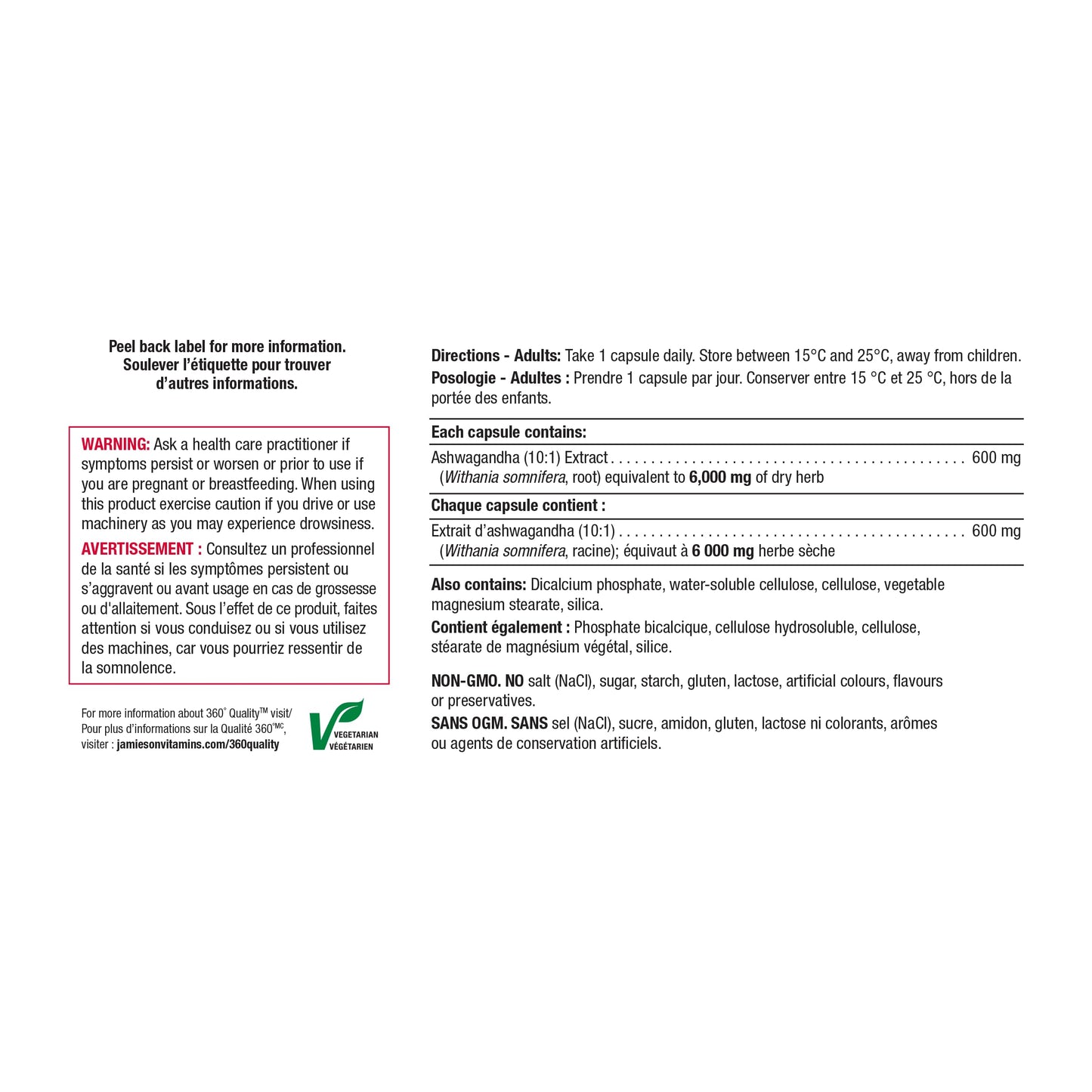 Jamieson High-Potency Ashwagandha 6,000 mg, Increases Resistance to Stress, Adaptogen, and Enhances Memory. Non-GMO, Vegetarian, Gluten-Free, Only One Per Day, Value Size, 100 Capsules - Available at All In One Marketplace Canada