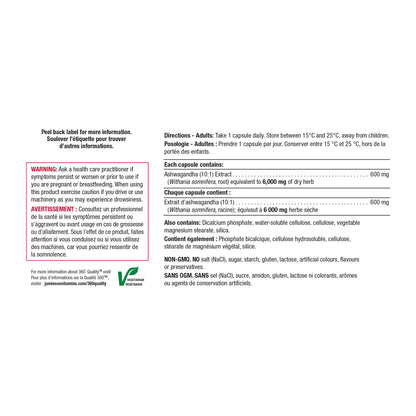 Jamieson High-Potency Ashwagandha 6,000 mg, Increases Resistance to Stress, Adaptogen, and Enhances Memory. Non-GMO, Vegetarian, Gluten-Free, Only One Per Day, Value Size, 100 Capsules - Available at All In One Marketplace Canada