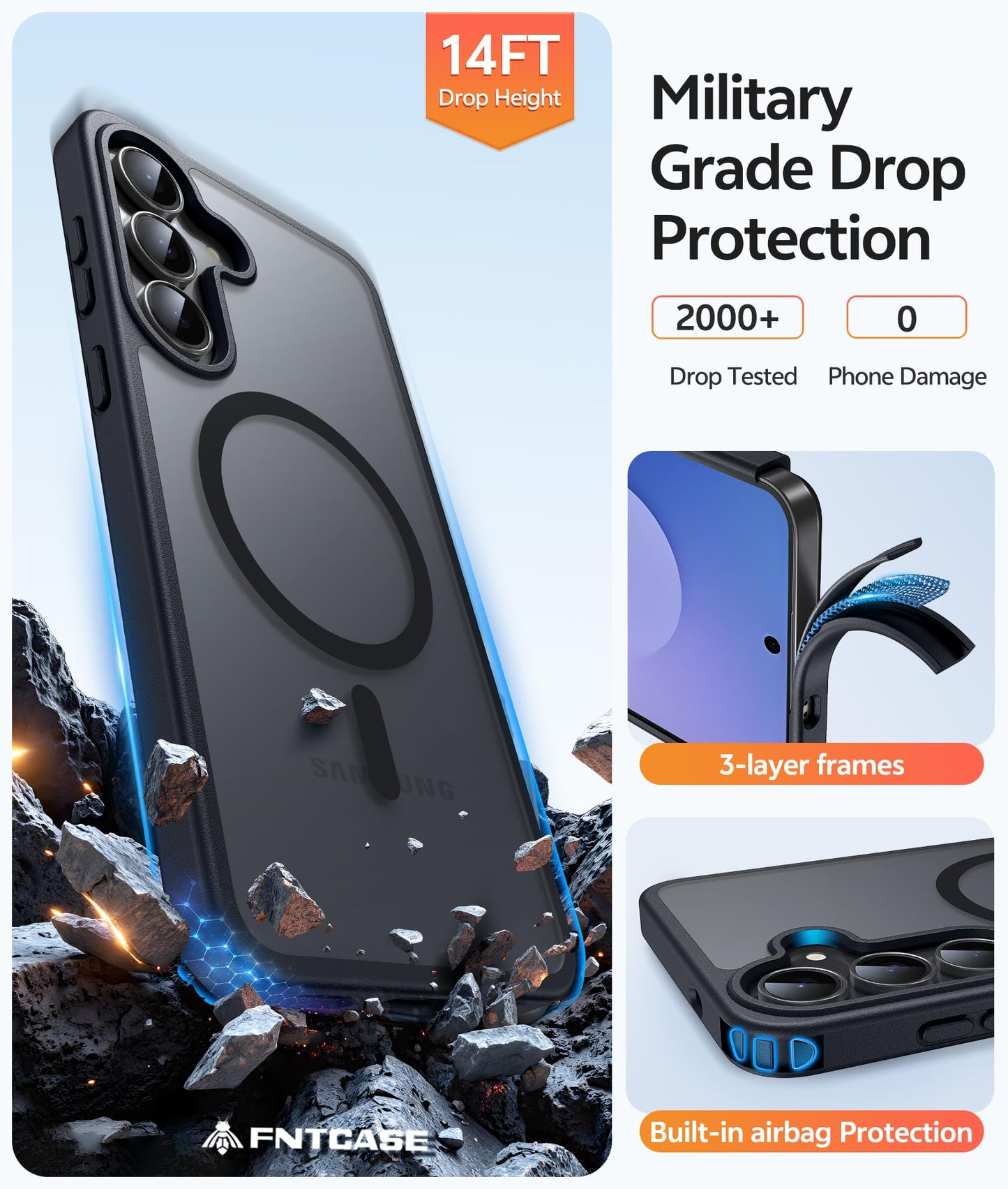 FNTCASE for Samsung-Galaxy S25 FE Case: Magnetic Translucent Matte Military Grade Drop Proof Protection Cell Phone Cover - Slim Rugged Durable Shockproof Protective Cases (Black 6.7 inch)