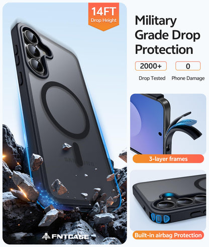 FNTCASE for Samsung-Galaxy S25 FE Case: Magnetic Translucent Matte Military Grade Drop Proof Protection Cell Phone Cover - Slim Rugged Durable Shockproof Protective Cases (Black 6.7 inch)