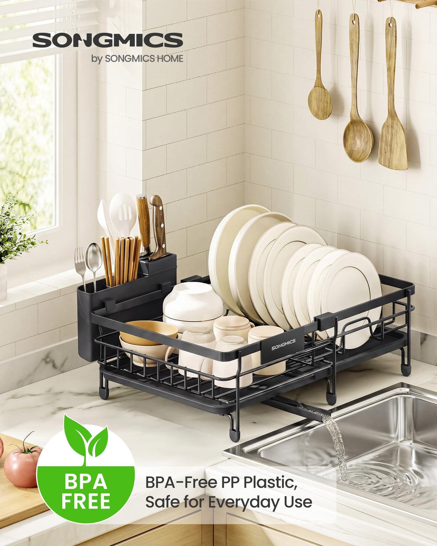 SONGMICS Dish Drainer Rack, Large Extendable Draining Board Rack for Small Spaces, 360° Rotating Extendable Spout, Kitchen Sink Drainer, Steel, 46.5 x 29.6 x 14 cm, Ink Black KCS556BH01 SONGMICS