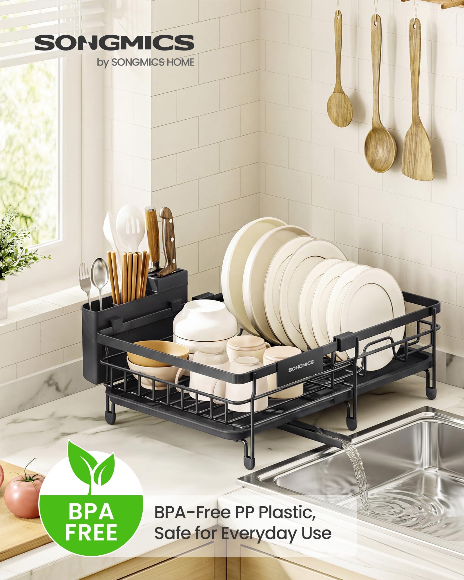 SONGMICS Dish Drainer Rack, Large Extendable Draining Board Rack for Small Spaces, 360° Rotating Extendable Spout, Kitchen Sink Drainer, Steel, 46.5 x 29.6 x 14 cm, Ink Black KCS556BH01 SONGMICS