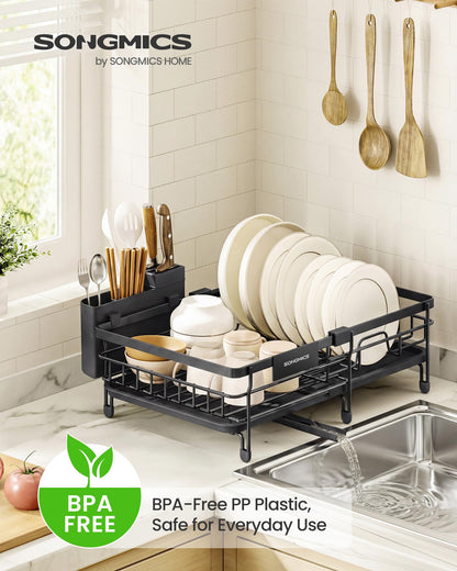 SONGMICS Dish Drainer Rack, Large Extendable Draining Board Rack for Small Spaces, 360° Rotating Extendable Spout, Kitchen Sink Drainer, Steel, 46.5 x 29.6 x 14 cm, Ink Black KCS556BH01 SONGMICS