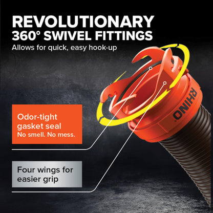 Camco RhinoFLEX 15' Camper/RV Sewer Hose Kit — Includes 4-in-1 Adapter, Clear Elbow, & Caps — Connects to 3″ Slip & 3″, 3 1/2″, 4″ NPT Threaded Sewer Connections (39770)