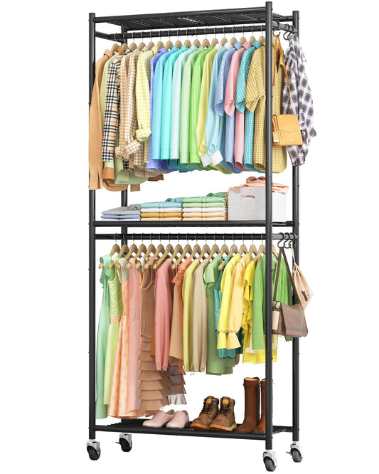 Sakugi Clothing Rack - Coat Rack with Shelves & Wheels, Multi-Functional Clothes Rack with Hooks, Sturdy Metal Garment Shelf for Bedroom, Laundry, Balcony, 84W × 31D × 202H cm, Black - Available at All In One Marketplace Canada