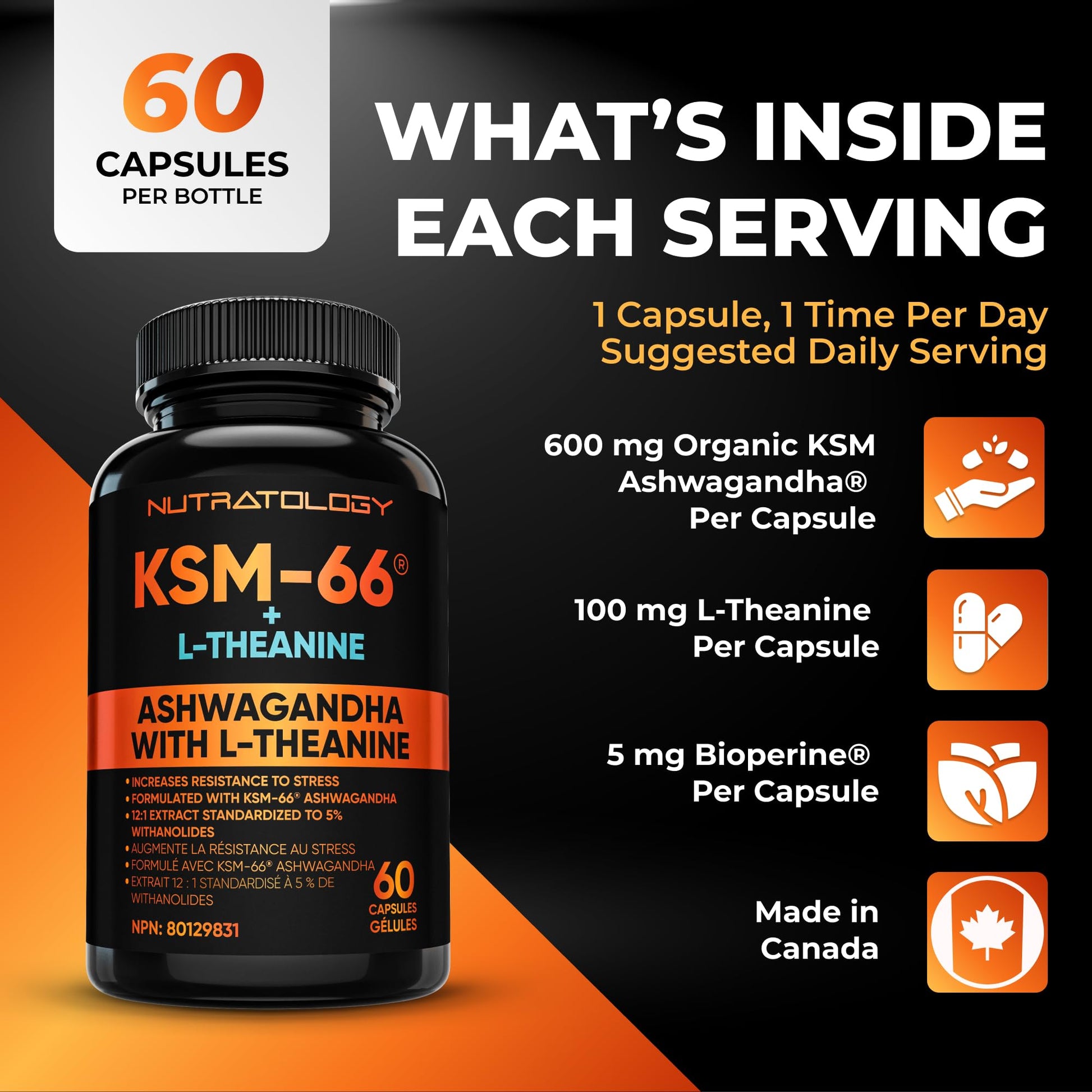 Nutratology® Ashwagandha KSM-66 7200MG + L-Theanine 100MG - Made In Canada | Stress Relief Supplements - Relaxation & Mood Support - Formulated With Bioperine For Enhanced Absorption - 60 Capsules - Available at All In One Marketplace Canada