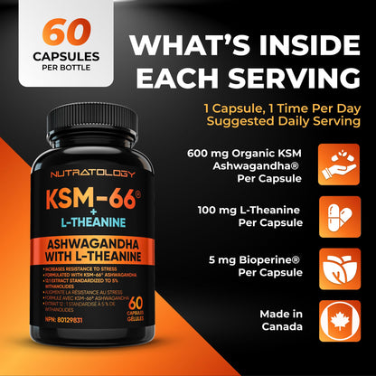 Nutratology® Ashwagandha KSM-66 7200MG + L-Theanine 100MG - Made In Canada | Stress Relief Supplements - Relaxation & Mood Support - Formulated With Bioperine For Enhanced Absorption - 60 Capsules - Available at All In One Marketplace Canada