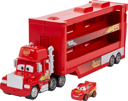 Mattel Disney and Pixar Cars Toy Transporter, Large-Scale Truck, Mack Hauler Holds 18 Miniatures & Includes 1 Metal Lightning McQueen, Play & Display