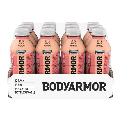 BODYARMOR Lyte Peach Mango Sports Hydration Drink – 473 mL Bottles, 12-Pack with Coconut Water & Electrolytes