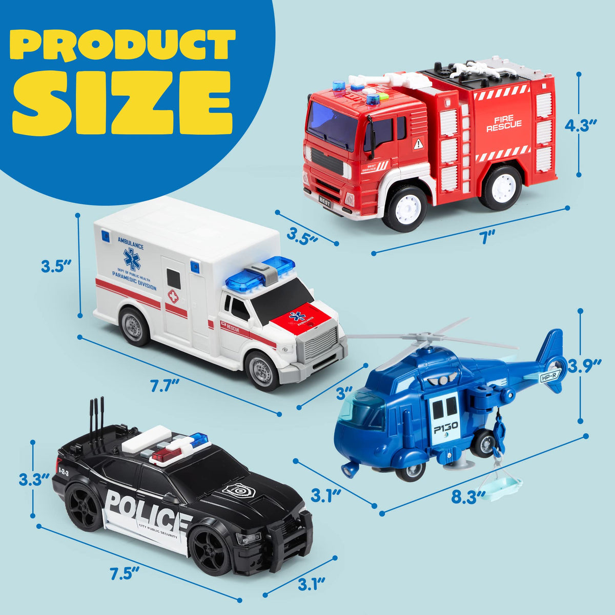 JOYIN 4 Packs Emergency Vehicle Toy Playsets, Friction Powered Vehicles with Light and Sound, Including Fire Truck, Ambulance, Play Police Car and Helicopter, Christmas Toddler Kids Boys Gifts 🍁 All In One Marketplace Canada