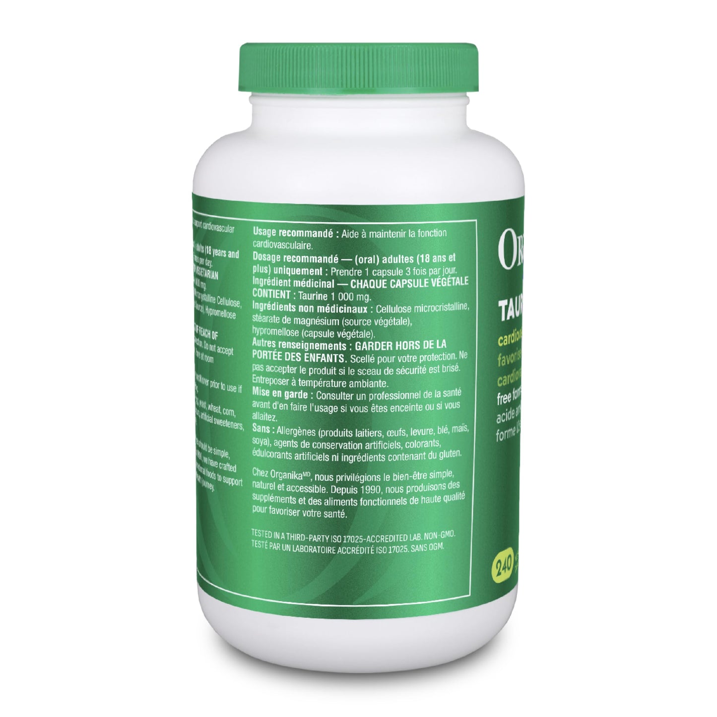 Organika Canadian-Made Taurine Ultra Strength- 1000mg- Supports Cardiovascular Health, 3000mg Daily Dose- 240vcaps - Available at All In One Marketplace Canada