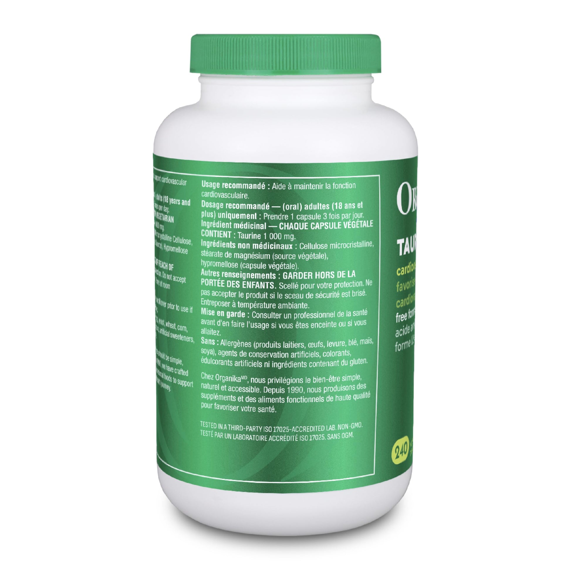 Organika Canadian-Made Taurine Ultra Strength- 1000mg- Supports Cardiovascular Health, 3000mg Daily Dose- 240vcaps - Available at All In One Marketplace Canada