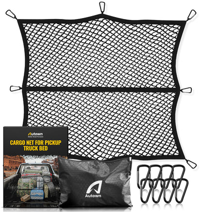 AUTOWN Cargo Net for Pickup Truck Bed - Stretchable 4'x4' to 7'x7', High Elastic Fine Mesh 1''x1'' with 8 Metal Carabiners - Ideal for ATV, SUV, UTV, Truck and Boat Use (Single Layer)