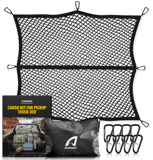 AUTOWN Cargo Net for Pickup Truck Bed - Stretchable 4'x4' to 7'x7', High Elastic Fine Mesh 1''x1'' with 8 Metal Carabiners - Ideal for ATV, SUV, UTV, Truck and Boat Use (Single Layer)