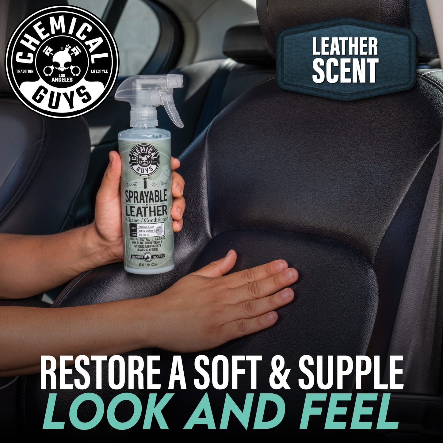 Chemical Guys Sprayable Leather Cleaner and Conditioner in One for Car Interiors, Apparel, and More (Works on Natural, Synthetic, Pleather, and More) Leather Scent, 473 ml Chemical Guys