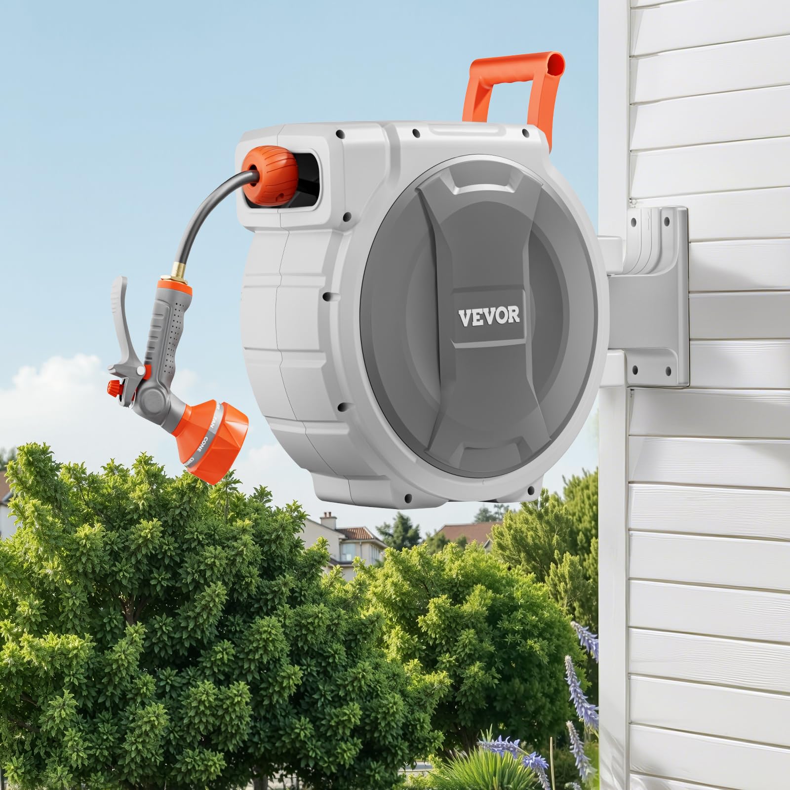 VEVOR Retractable Garden Hose Reel, 1/2 Inch x 84 ft Wall Mounted Hose Reel, Heavy Duty Garden Hose Reel with 9 Patterns Nozzle, Any Length Lock, Upgraded Slow Return System and 180°Swivel Bracket VEVOR