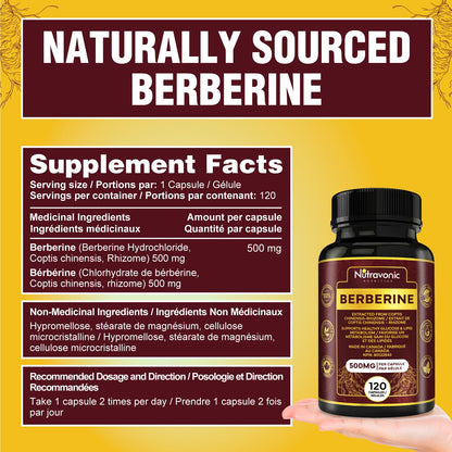 Nutravonic Berberine Supplements 1000mg Per Serving, 500mg Per Capsule | Made in Canada I Supports Healthy Glucose & Lipid Metabolism | Non-GMO, Vegan, Gluten-free, 120 Easy-to-Swallow Capsules - Available at All In One Marketplace Canada