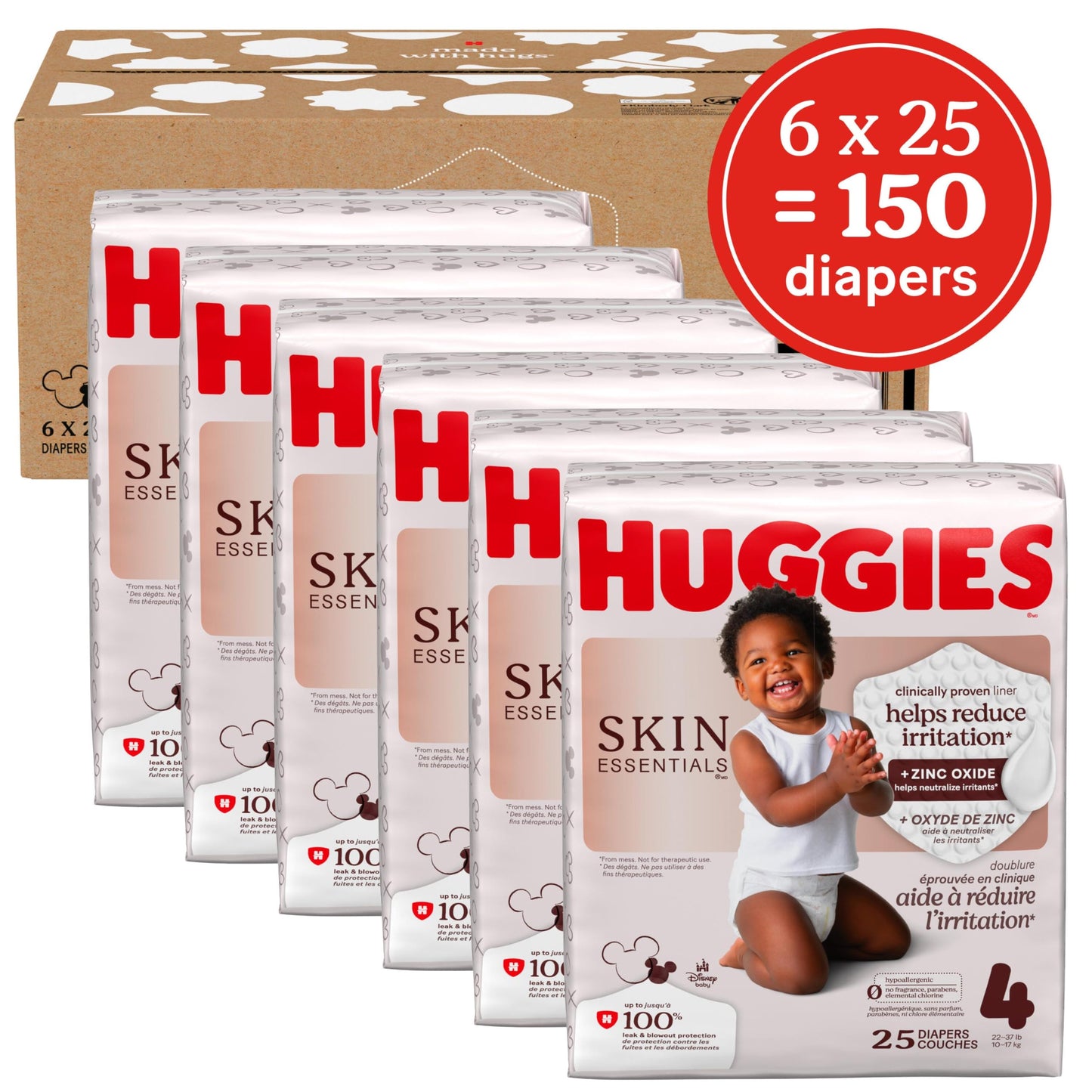 Huggies Size 4 Diapers, Skin Essentials Baby Diapers, Size 4 (22-37 lbs), 150 Count, Packaging May Vary